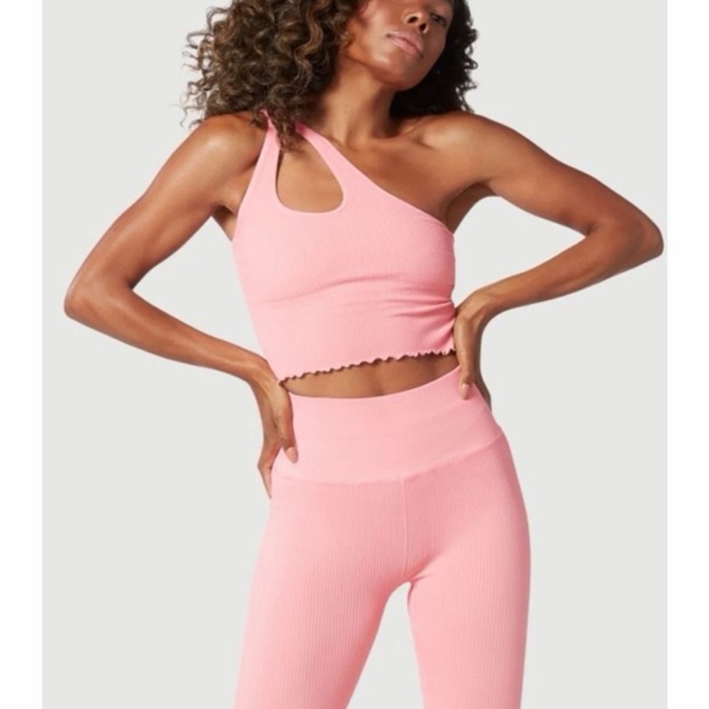 NUX Pink One-Shoulder Ribbed Activewear Set